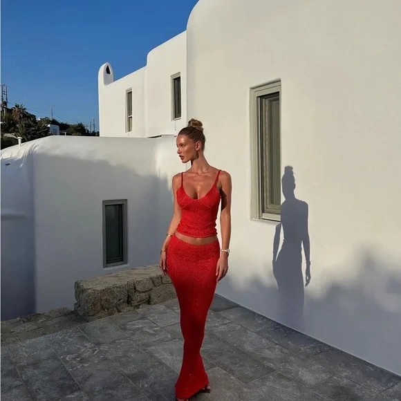 NWT ASTA RESORT Carolina Camisole in Rossa Sequin Knit Red Cherry Bold Cover Up - Picture 3 of 10